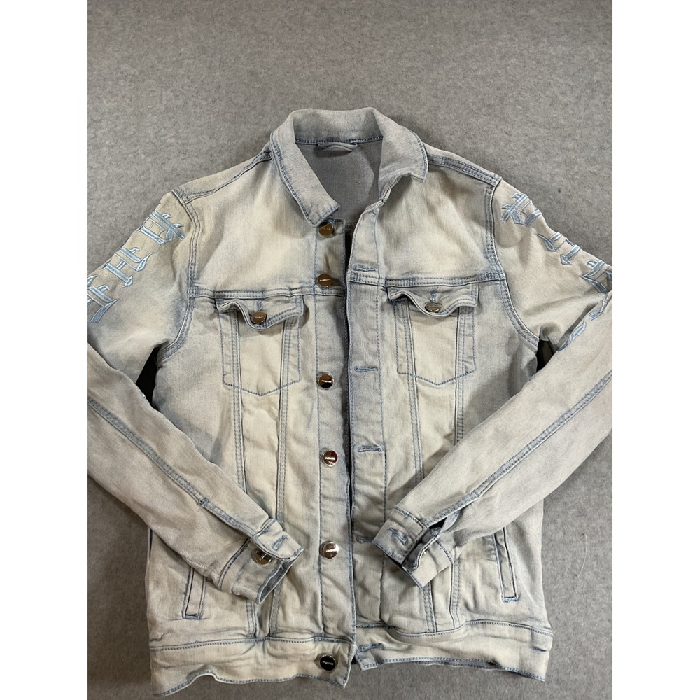 Pheelings Against All Odds Mens Light Wash Embroidered Sleeve Denim Jacket S J78